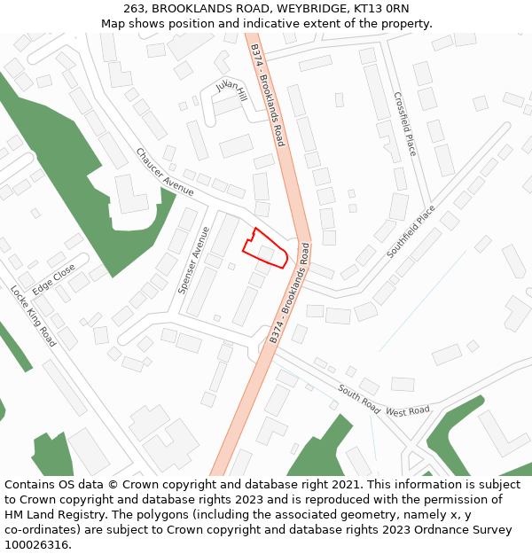 263, BROOKLANDS ROAD, WEYBRIDGE, KT13 0RN: Location map and indicative extent of plot