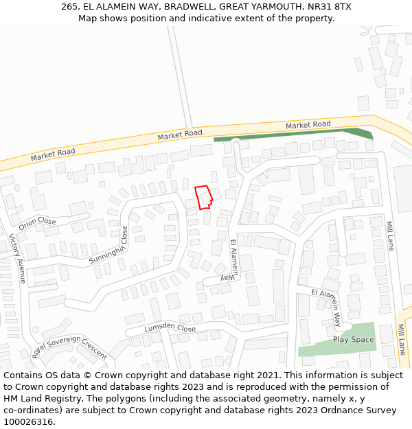 265, EL ALAMEIN WAY, BRADWELL, GREAT YARMOUTH, NR31 8TX: Location map and indicative extent of plot