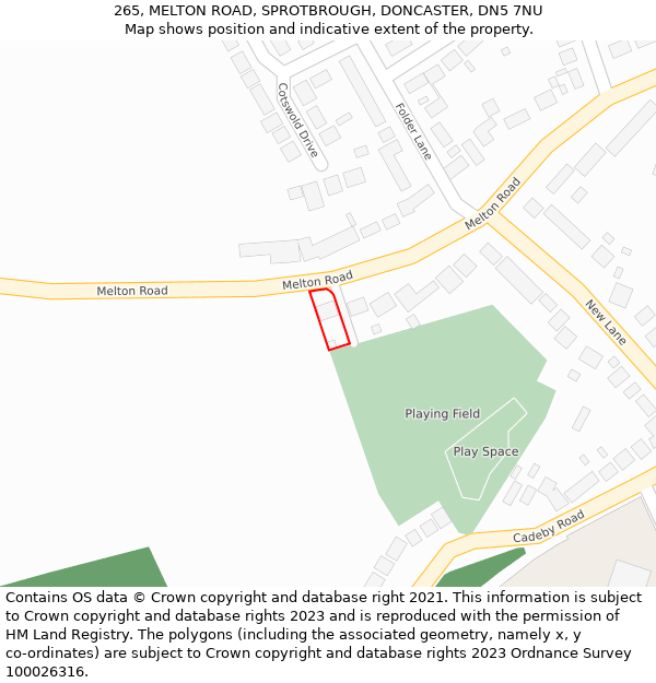 265, MELTON ROAD, SPROTBROUGH, DONCASTER, DN5 7NU: Location map and indicative extent of plot