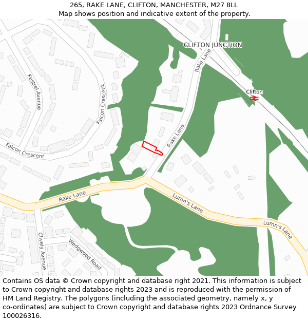 265, RAKE LANE, CLIFTON, MANCHESTER, M27 8LL: Location map and indicative extent of plot