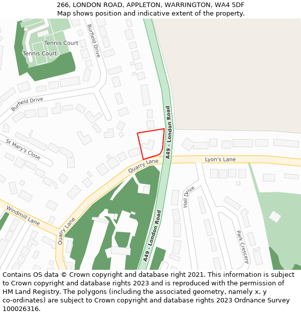 266, LONDON ROAD, APPLETON, WARRINGTON, WA4 5DF: Location map and indicative extent of plot
