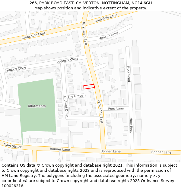 266, PARK ROAD EAST, CALVERTON, NOTTINGHAM, NG14 6GH: Location map and indicative extent of plot