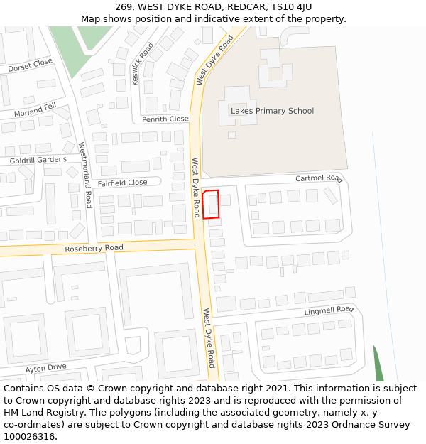 269, WEST DYKE ROAD, REDCAR, TS10 4JU: Location map and indicative extent of plot