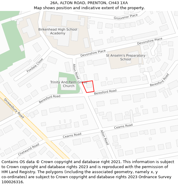 26A, ALTON ROAD, PRENTON, CH43 1XA: Location map and indicative extent of plot