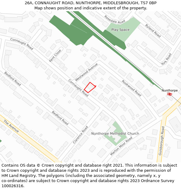 26A, CONNAUGHT ROAD, NUNTHORPE, MIDDLESBROUGH, TS7 0BP: Location map and indicative extent of plot