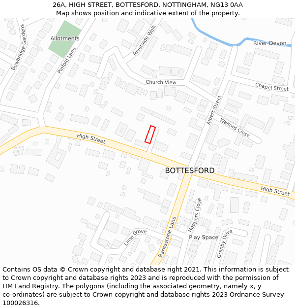 26A, HIGH STREET, BOTTESFORD, NOTTINGHAM, NG13 0AA: Location map and indicative extent of plot