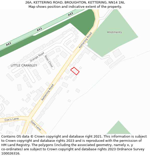 26A, KETTERING ROAD, BROUGHTON, KETTERING, NN14 1NL: Location map and indicative extent of plot