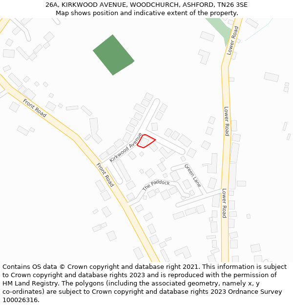 26A, KIRKWOOD AVENUE, WOODCHURCH, ASHFORD, TN26 3SE: Location map and indicative extent of plot