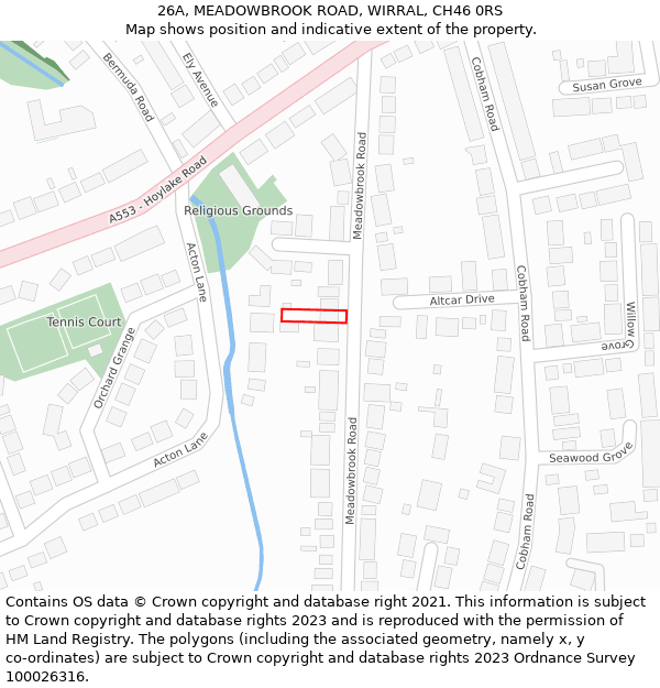 26A, MEADOWBROOK ROAD, WIRRAL, CH46 0RS: Location map and indicative extent of plot