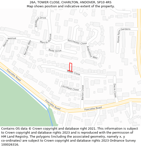 26A, TOWER CLOSE, CHARLTON, ANDOVER, SP10 4RS: Location map and indicative extent of plot