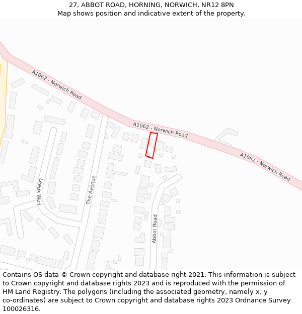 27, ABBOT ROAD, HORNING, NORWICH, NR12 8PN: Location map and indicative extent of plot