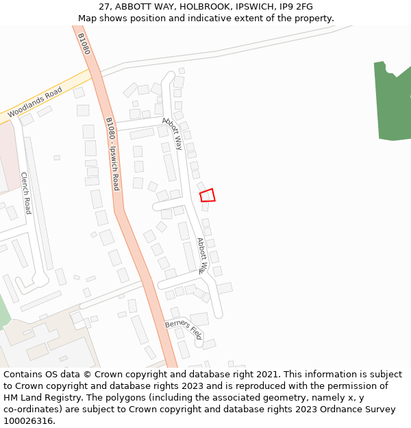 27, ABBOTT WAY, HOLBROOK, IPSWICH, IP9 2FG: Location map and indicative extent of plot