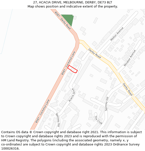 27, ACACIA DRIVE, MELBOURNE, DERBY, DE73 8LT: Location map and indicative extent of plot