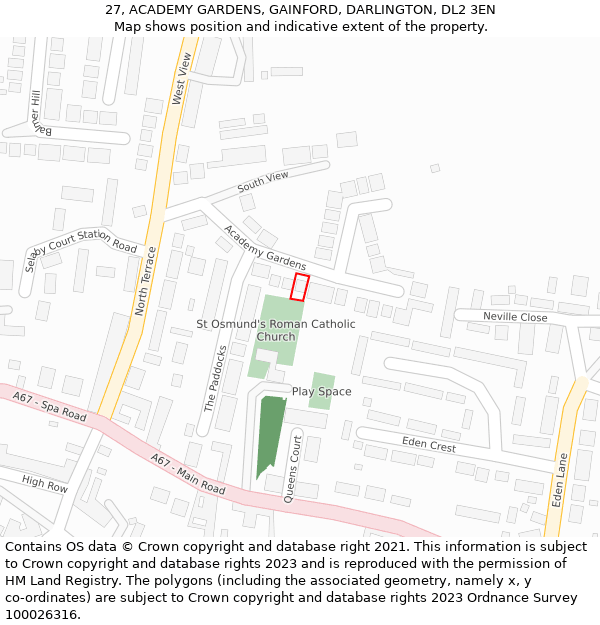 27, ACADEMY GARDENS, GAINFORD, DARLINGTON, DL2 3EN: Location map and indicative extent of plot