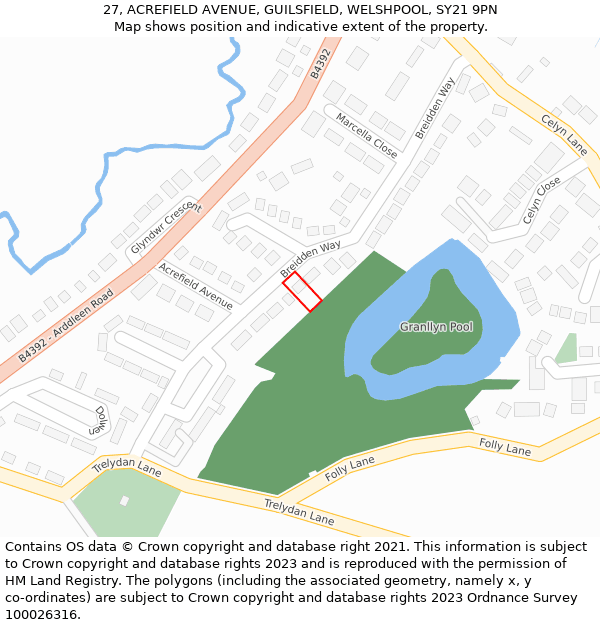 27, ACREFIELD AVENUE, GUILSFIELD, WELSHPOOL, SY21 9PN: Location map and indicative extent of plot