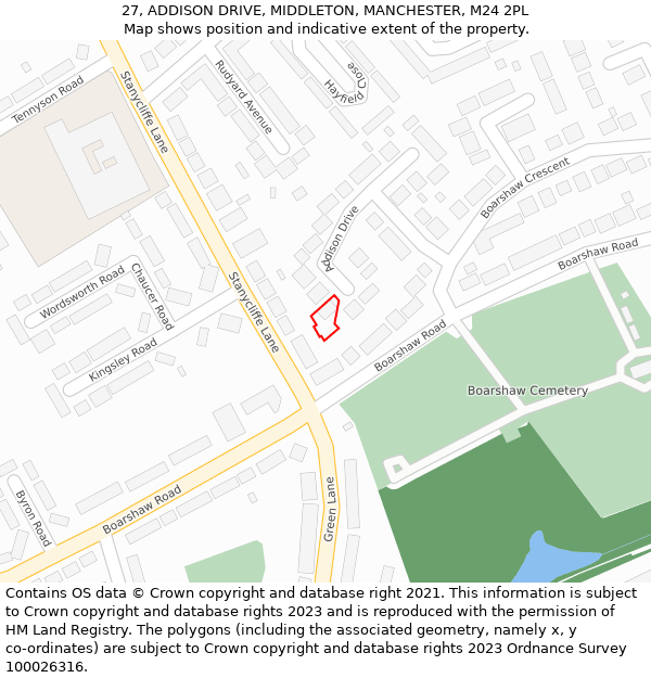 27, ADDISON DRIVE, MIDDLETON, MANCHESTER, M24 2PL: Location map and indicative extent of plot
