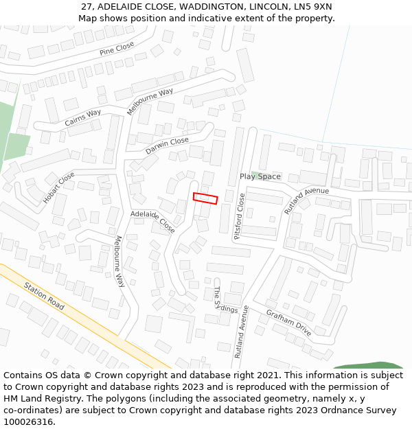 27, ADELAIDE CLOSE, WADDINGTON, LINCOLN, LN5 9XN: Location map and indicative extent of plot