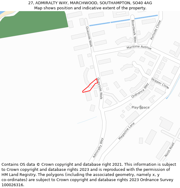 27, ADMIRALTY WAY, MARCHWOOD, SOUTHAMPTON, SO40 4AG: Location map and indicative extent of plot