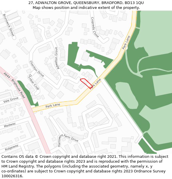 27, ADWALTON GROVE, QUEENSBURY, BRADFORD, BD13 1QU: Location map and indicative extent of plot