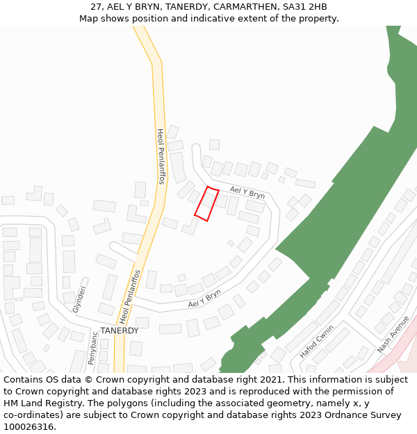 27, AEL Y BRYN, TANERDY, CARMARTHEN, SA31 2HB: Location map and indicative extent of plot