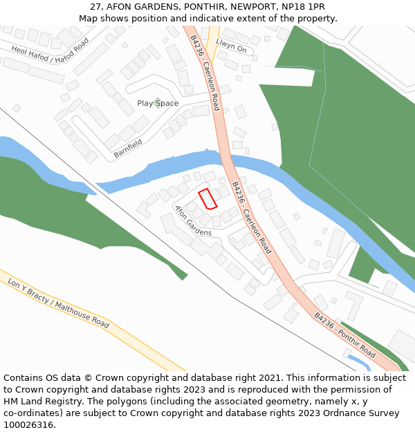 27, AFON GARDENS, PONTHIR, NEWPORT, NP18 1PR: Location map and indicative extent of plot