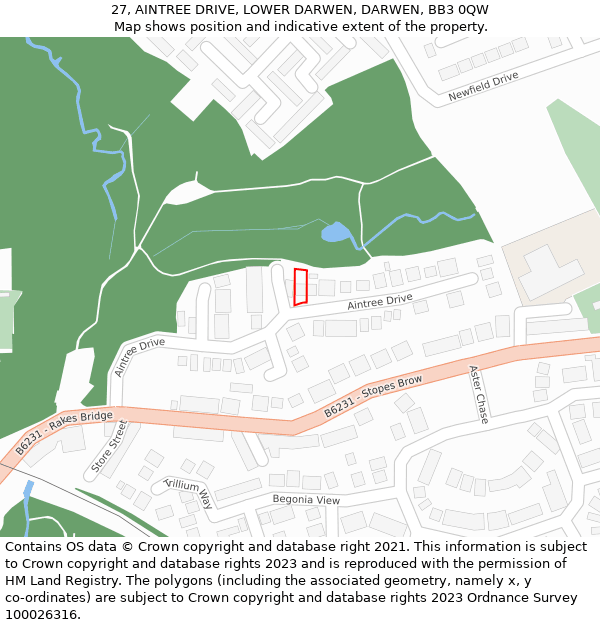 27, AINTREE DRIVE, LOWER DARWEN, DARWEN, BB3 0QW: Location map and indicative extent of plot