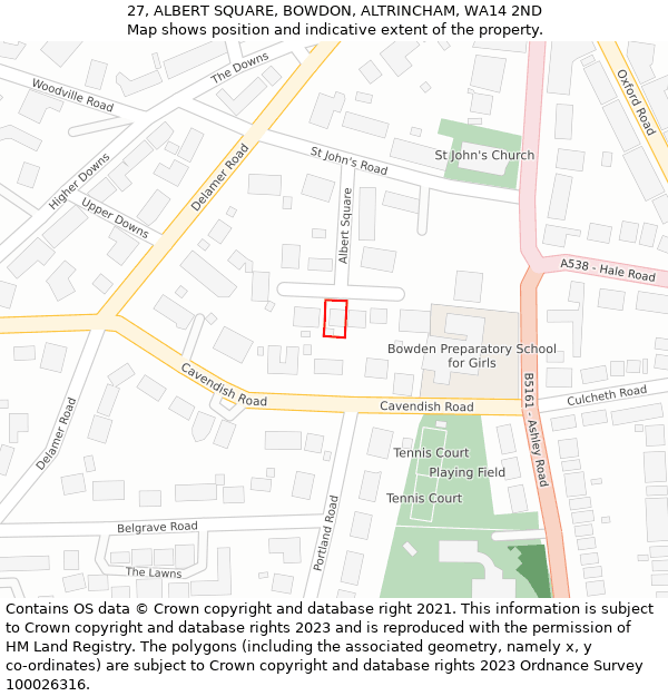 27, ALBERT SQUARE, BOWDON, ALTRINCHAM, WA14 2ND: Location map and indicative extent of plot