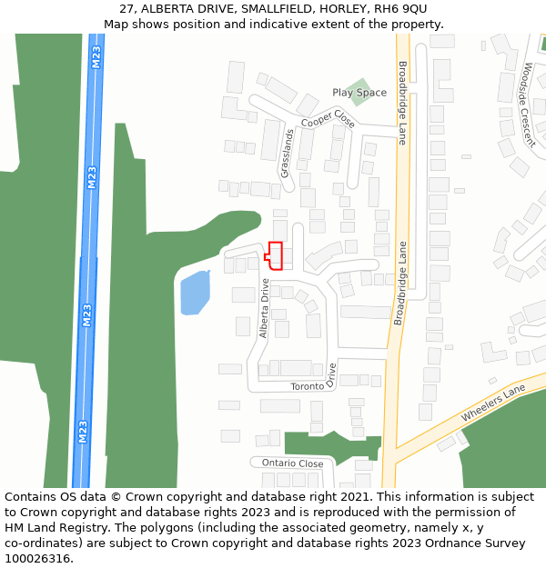 27, ALBERTA DRIVE, SMALLFIELD, HORLEY, RH6 9QU: Location map and indicative extent of plot