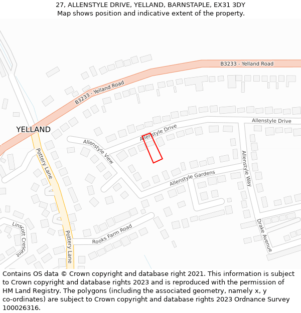 27, ALLENSTYLE DRIVE, YELLAND, BARNSTAPLE, EX31 3DY: Location map and indicative extent of plot