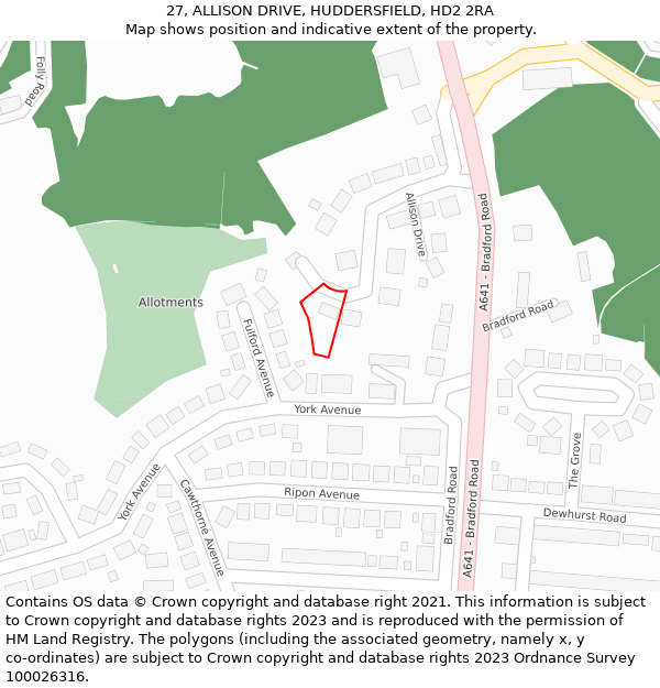 27, ALLISON DRIVE, HUDDERSFIELD, HD2 2RA: Location map and indicative extent of plot