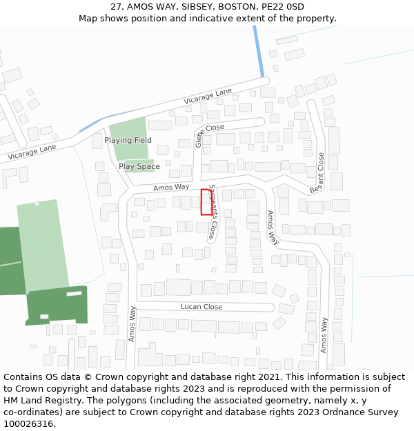 27, AMOS WAY, SIBSEY, BOSTON, PE22 0SD: Location map and indicative extent of plot