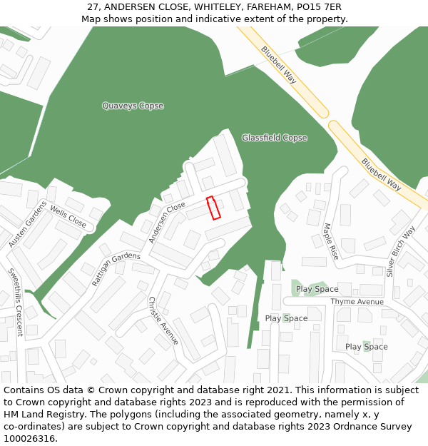 27, ANDERSEN CLOSE, WHITELEY, FAREHAM, PO15 7ER: Location map and indicative extent of plot