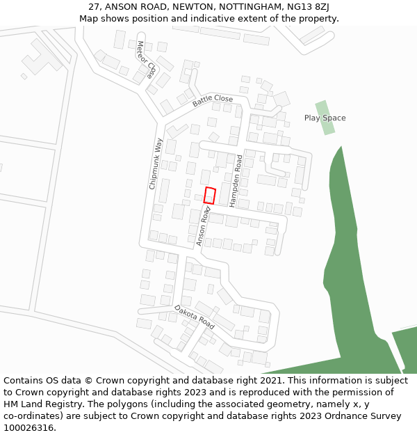 27, ANSON ROAD, NEWTON, NOTTINGHAM, NG13 8ZJ: Location map and indicative extent of plot