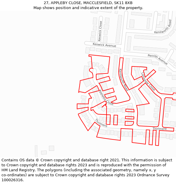 27, APPLEBY CLOSE, MACCLESFIELD, SK11 8XB: Location map and indicative extent of plot