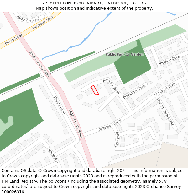27, APPLETON ROAD, KIRKBY, LIVERPOOL, L32 1BA: Location map and indicative extent of plot