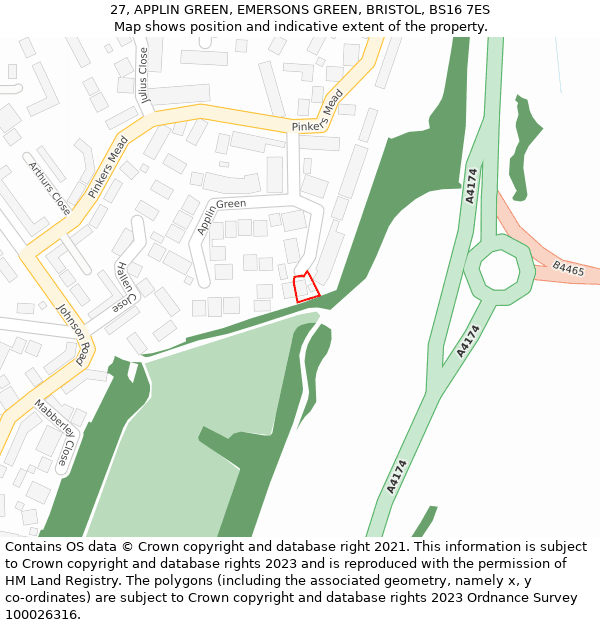 27, APPLIN GREEN, EMERSONS GREEN, BRISTOL, BS16 7ES: Location map and indicative extent of plot