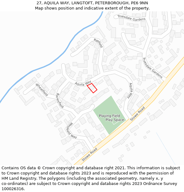 27, AQUILA WAY, LANGTOFT, PETERBOROUGH, PE6 9NN: Location map and indicative extent of plot