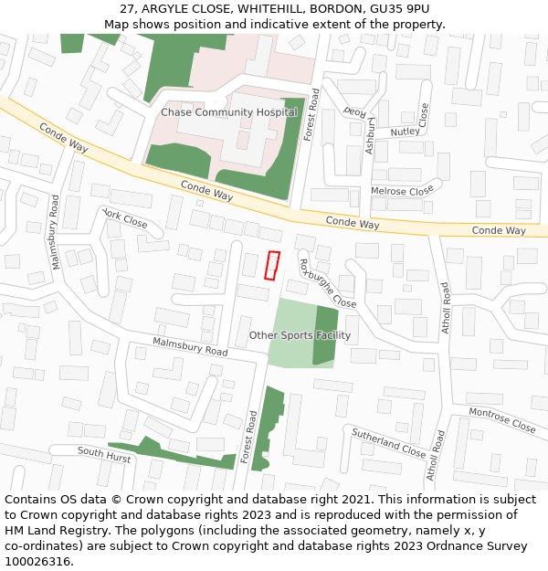 27, ARGYLE CLOSE, WHITEHILL, BORDON, GU35 9PU: Location map and indicative extent of plot