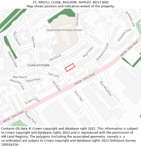 27, ARGYLL CLOSE, BAILDON, SHIPLEY, BD17 6HD: Location map and indicative extent of plot