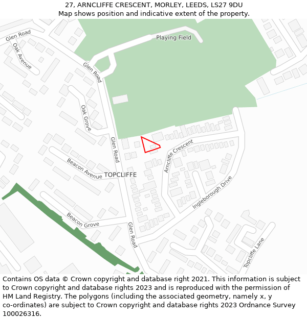 27, ARNCLIFFE CRESCENT, MORLEY, LEEDS, LS27 9DU: Location map and indicative extent of plot