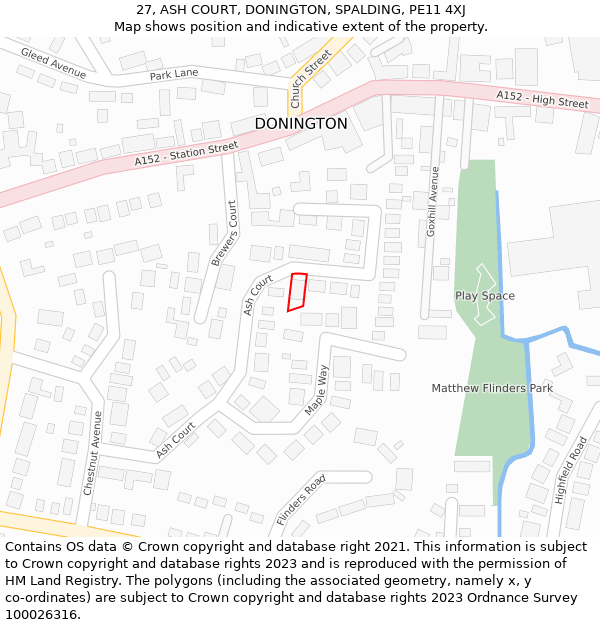 27, ASH COURT, DONINGTON, SPALDING, PE11 4XJ: Location map and indicative extent of plot