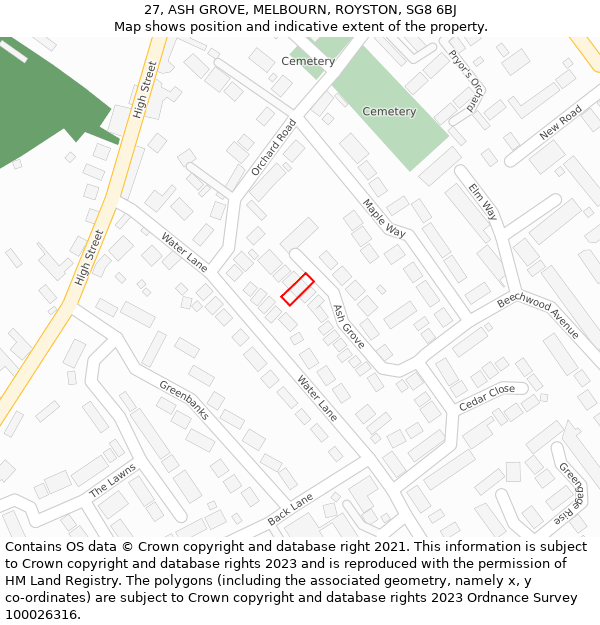 27, ASH GROVE, MELBOURN, ROYSTON, SG8 6BJ: Location map and indicative extent of plot