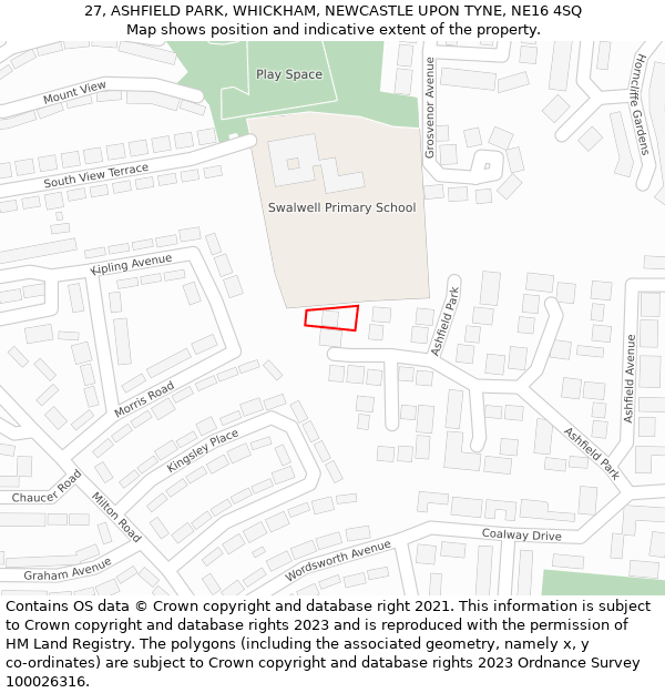 27, ASHFIELD PARK, WHICKHAM, NEWCASTLE UPON TYNE, NE16 4SQ: Location map and indicative extent of plot
