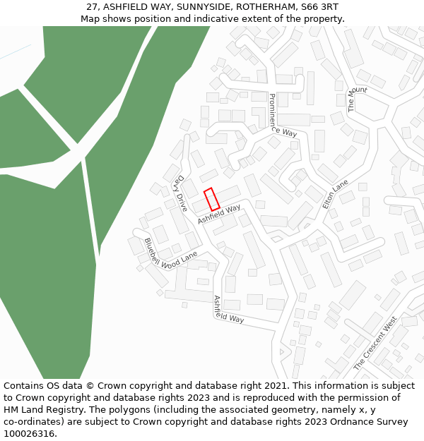 27, ASHFIELD WAY, SUNNYSIDE, ROTHERHAM, S66 3RT: Location map and indicative extent of plot