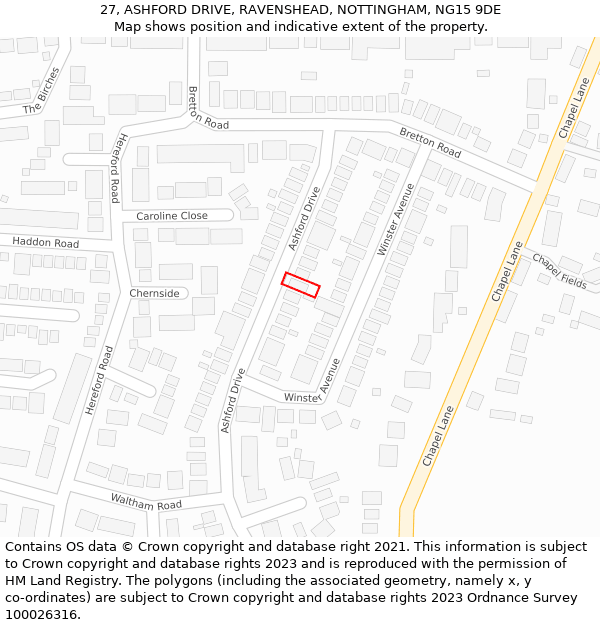 27, ASHFORD DRIVE, RAVENSHEAD, NOTTINGHAM, NG15 9DE: Location map and indicative extent of plot