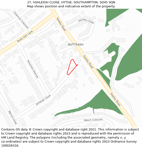 27, ASHLEIGH CLOSE, HYTHE, SOUTHAMPTON, SO45 3QN: Location map and indicative extent of plot