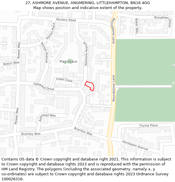 27, ASHMORE AVENUE, ANGMERING, LITTLEHAMPTON, BN16 4GG: Location map and indicative extent of plot