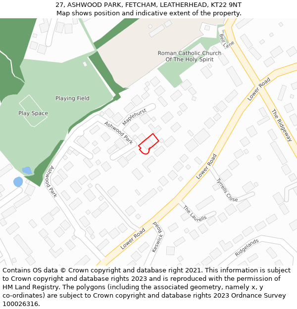 27, ASHWOOD PARK, FETCHAM, LEATHERHEAD, KT22 9NT: Location map and indicative extent of plot