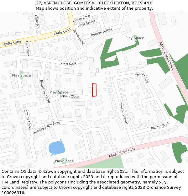 27, ASPEN CLOSE, GOMERSAL, CLECKHEATON, BD19 4NY: Location map and indicative extent of plot