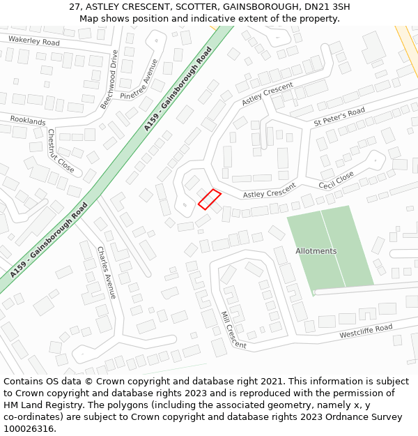 27, ASTLEY CRESCENT, SCOTTER, GAINSBOROUGH, DN21 3SH: Location map and indicative extent of plot